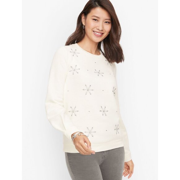 Talbots Embroidered Snowflake Crewneck Sweatshirt Women Small Ivory Cotton Blend - Picture 1 of 8
